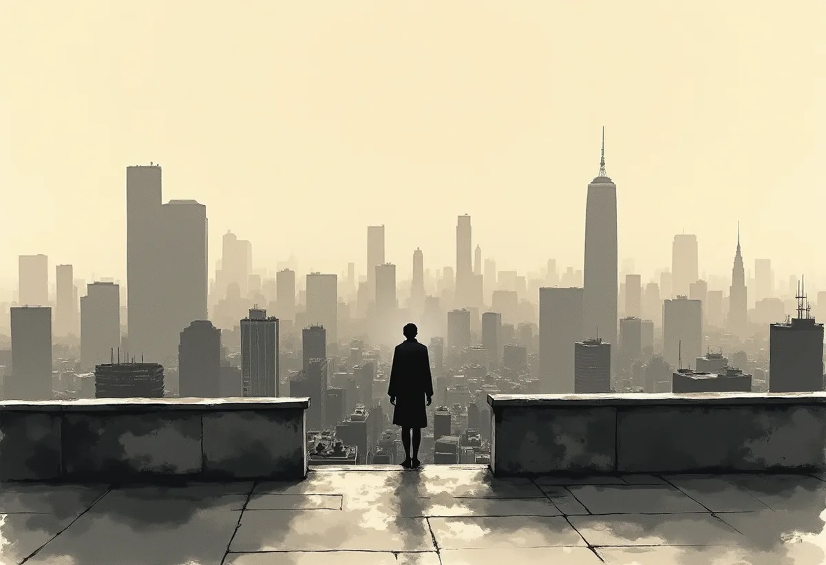 A lone figure on a rooftop overlooking a misty Tokyo skyline at dusk