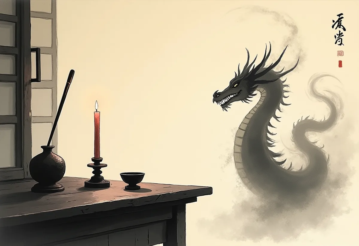 A lone apprentice facing an immense dragon coiling through a cavernous labyrinth — ink-wash illustration